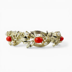 Vintage Coro Coral Cabochon Bracelet, 1950s Gold Tone Floral Link Bracelet